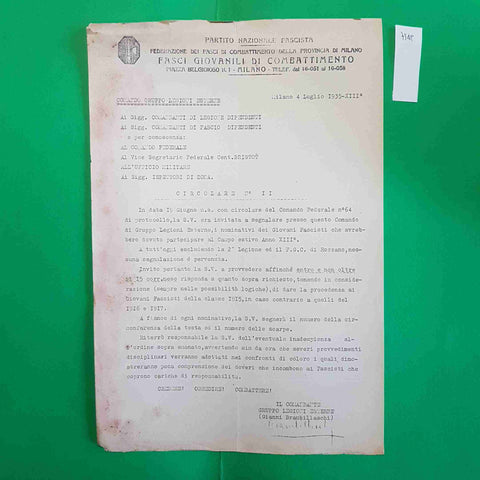 PARTITO NAZIONALE FASCISTA FASCI DI COMBATTIMENTO 1935 CAMPO ESTIVO GIOVANI FASC