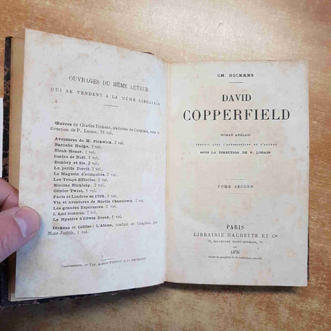 CHARLES DICKENS - DAVID COPPERFIELD 1876 HACHETTE 2 VOLUMI ROMAN ANGLAIS TRADUIT