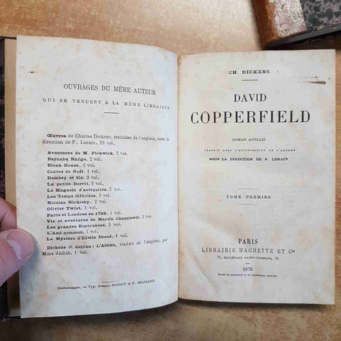 CHARLES DICKENS - DAVID COPPERFIELD 1876 HACHETTE 2 VOLUMI ROMAN ANGLAIS TRADUIT
