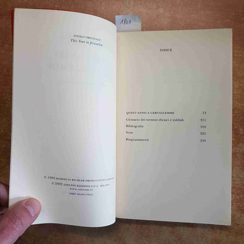 MORDECAI RICHLER - QUEST'ANNO A GERUSALEMME 2002 ADELPHI palestina israele