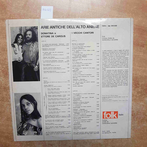 DONATINA E ETTORE DE CAROLIS ARIE ANTICHE DELL'ALTO ANIENE 2 LP 33 GIRI VINILE
