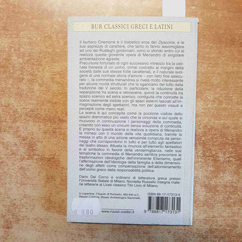 MENANDRO - DYSCOLOS IL MISANTROPO 2001 BUR CLASSICI GRECI - TESTO GRECO A FRONTE