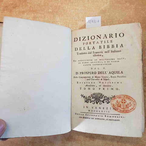 DIZIONARIO PORTATILE DELLA BIBBIA tomo 1+2 PROSPERO DELL'AQUILA 1763 REMONDINI