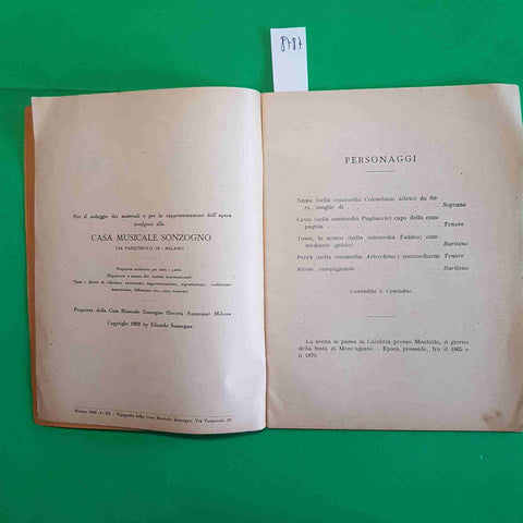 PAGLIACCI DRAMMA IN DUE ATTI DI R. LEONCAVALLO 1942 SONZOGNO MILANO CASA MUSICAL