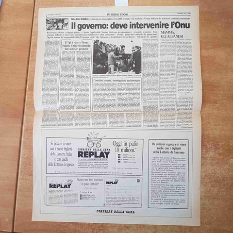 CORRIERE DELLA SERA MARZO 1991 ANASTATICA PRIMA PAGINA PROFUGHI ALBANIA TIRANA