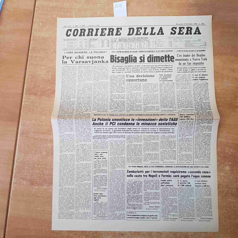 CORRIERE DELLA SERA DICEMBRE 1980 ANASTATICA PRIMA PAGINA ASSASSINIO JOHN LENNON