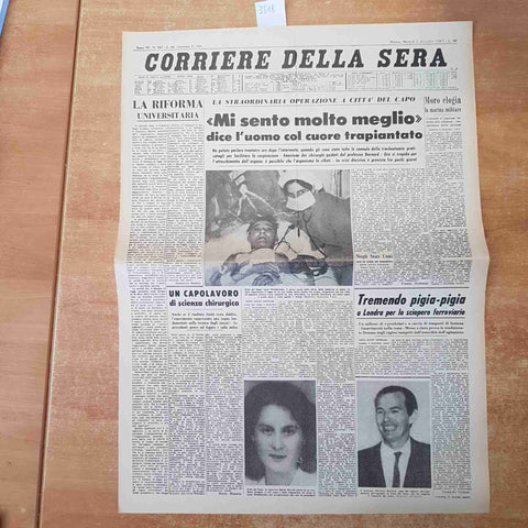 CORRIERE DELLA SERA DICEMBRE 1967 ANASTATICA PRIMA PAGINA PRIMO TRAPIANTO CUORE