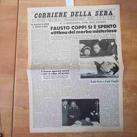 CORRIERE DELLA SERA GENNAIO 1960 ANASTATICA PRIMA PAGINA MORTE DI FAUSTO COPPI