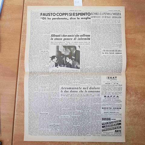 CORRIERE DELLA SERA GENNAIO 1960 ANASTATICA PRIMA PAGINA MORTE DI FAUSTO COPPI