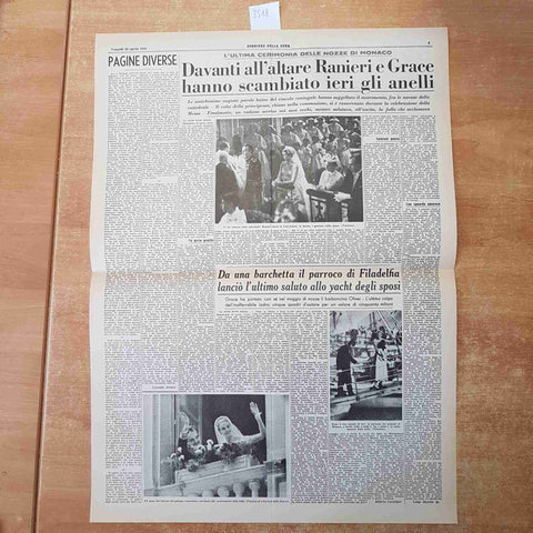 CORRIERE DELLA SERA APRILE 1956 ANASTATICA PRIMA PAGINA MATRIMONIO RANIERI GRACE