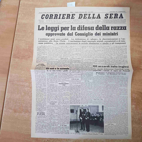 CORRIERE DELLA SERA NOVEMBRE 1938 ANASTATICA PRIMA PAGINA LEGGI RAZZIALI RAZZA