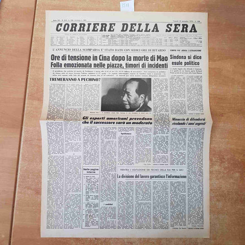 CORRIERE DELLA SERA SETTEMBRE 1976 ANASTATICA PRIMA PAGINA MORTE MAO TSE TUNG