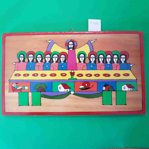 Quadro Ultima Cena su Legno Dipinto Colorato Stile Naif Arte Religiosa Vintage