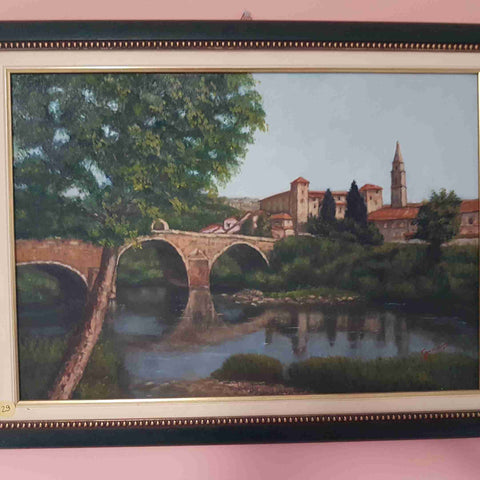 OLIO SU TELA Monastero Bormida ponte romanico e castello paesaggio GIUSY MORONI
