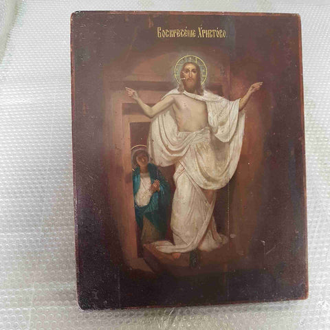 ICONA ORTODOSSA RUSSA Resurrezione di Cristo su tavola antica 35x45 STILE XIX