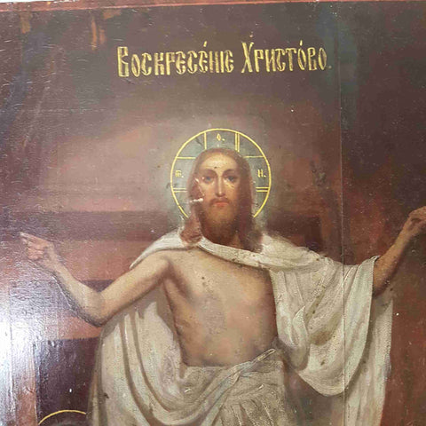 ICONA ORTODOSSA RUSSA Resurrezione di Cristo su tavola antica 35x45 STILE XIX