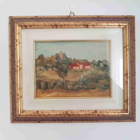 Dipinto paesaggio campagna con casali olio su tavola cornice 40x35 CLERICI