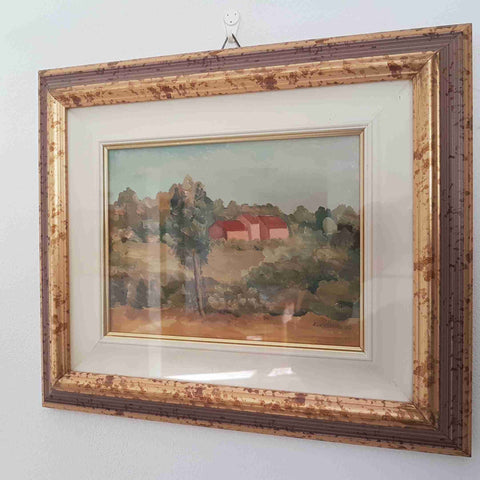 Dipinto paesaggio campagna con casali olio su tavola cornice 40x35 CLERICI
