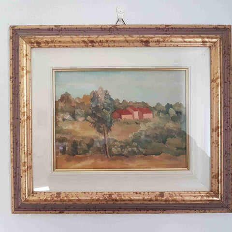Dipinto paesaggio campagna con casali olio su tavola cornice 40x35 CLERICI