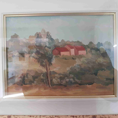 Dipinto paesaggio campagna con casali olio su tavola cornice 40x35 CLERICI