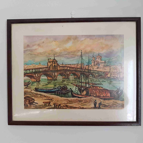 Stampa veduta Venezia ponte barche d'epoca firmata cornice 50x40