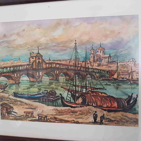 Stampa veduta Venezia ponte barche d'epoca firmata cornice 50x40