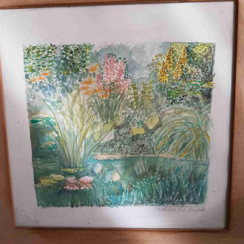 Dipinto giardino con laghetto acquerello firmato SILVANA Maggio 90 cornice 35x35