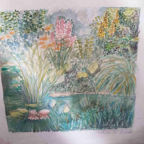 Dipinto giardino con laghetto acquerello firmato SILVANA Maggio 90 cornice 35x35