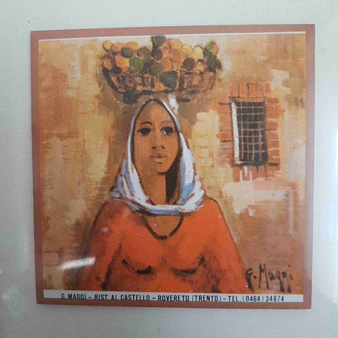 G. MAGGI Piastrella dipinta a mano donna etnica acquerello su ceramica 27X27