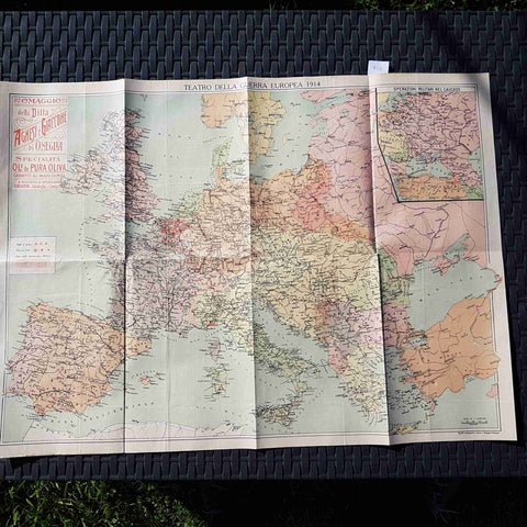 Cartina Europa 1914 WW1 Teatro Guerra + pubblicita' olio d'epoca