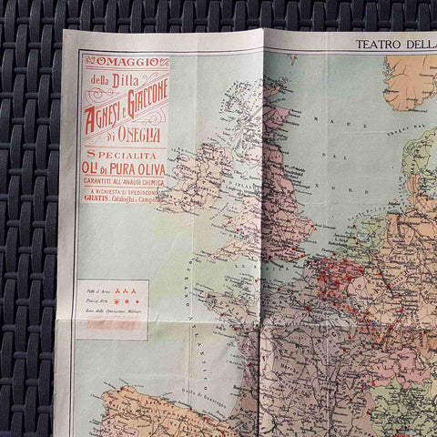 Cartina Europa 1914 WW1 Teatro Guerra + pubblicita' olio d'epoca