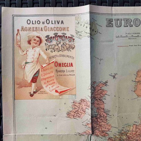 Cartina Europa primi 900 con pubblicita' Agnese Giaccone Oneglia