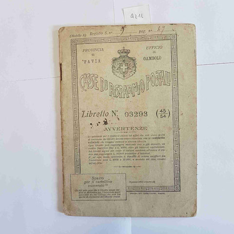 Libretto casse risparmio postali 1918 Gambolo' Pavia documento storico TIMBRATO