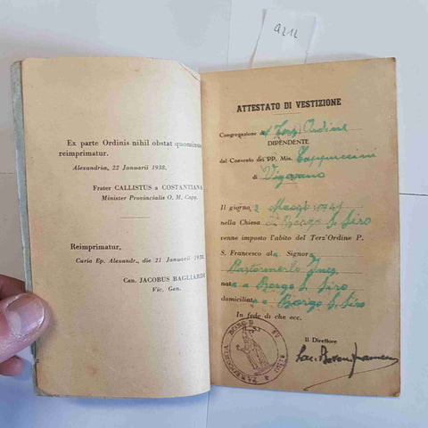 Regola Terz' Ordine Secolare San Francesco 1938 documento religioso attestato