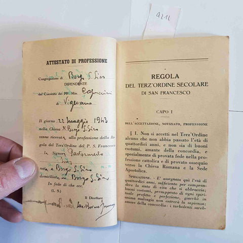 Regola Terz' Ordine Secolare San Francesco 1938 documento religioso attestato