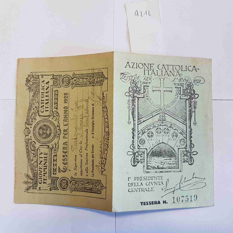 Tessera Azione Cattolica 1928 Gioventù Femminile Documento Storico Vintage Itali