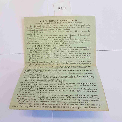 Tessera Azione Cattolica 1928 Gioventù Femminile Documento Storico Vintage Itali