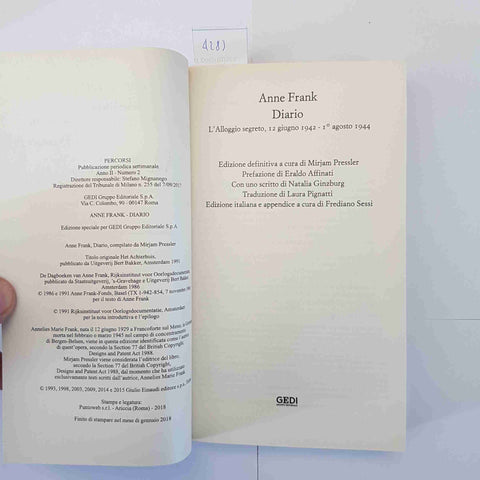 ANNE FRANK DIARIO Edizione Definitiva 2018 GEDI AUSCHWITZ BERGEN-BELSEN SHOAH