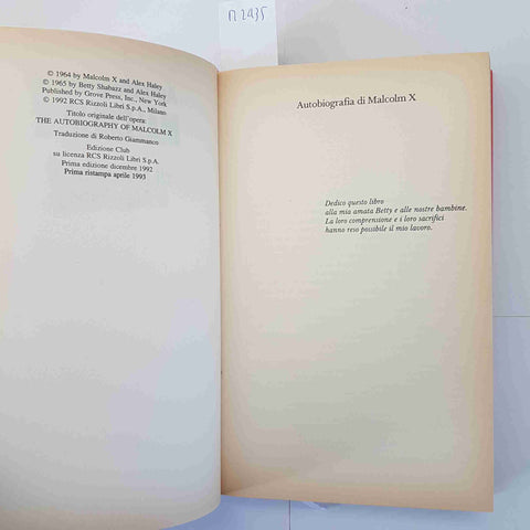 AUTOBIOGRAFIA DI MALCOLM X con Alex Haley 1993 copertina rigida EDIZIONE CLUB