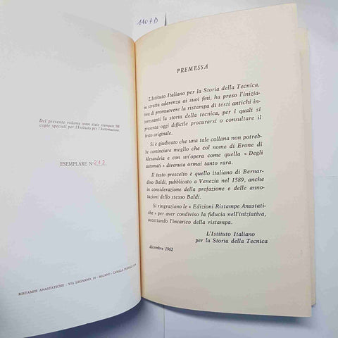 ERONE ALESSANDRINO DEGLI AUTOMATI OVVERO MACCHINE SEMOVENTI 1962 ANASTATICA