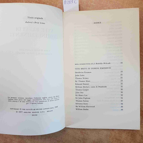 VITE BREVI DI UOMINI EMINENTI  John Aubrey 1977 Adelphi biblioteca