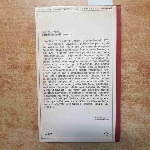 KRISTIN FIGLIA DI LAVRANS - SIGRID UNDSET - GARZANTI 1968 CLASSICO PREMIO NOBEL