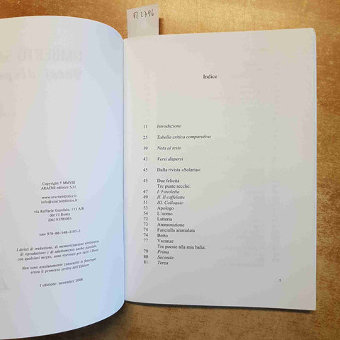 UMBERTO SABA, VERSI DISPERSI  A CURA DI PAOLA BAIONI  ARACNE 2008