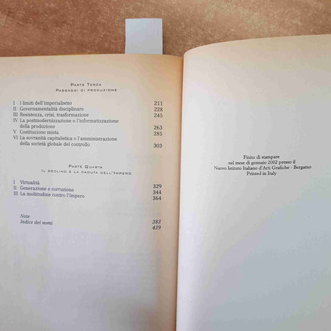 IMPERO IL NUOVO ORDINE DELLA GLOBALIZZAZIONE 2002 HARDT TONI NEGRI 1°ED. RIZZOLI