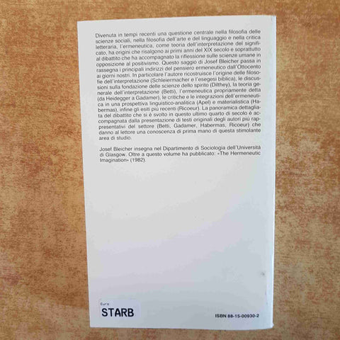 L'ERMENEUTICA CONTEMPORANEA BLEICHER GADAMER HEIDEGGER HABERMAS 1992 IL MULINO