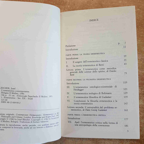 L'ERMENEUTICA CONTEMPORANEA BLEICHER GADAMER HEIDEGGER HABERMAS 1992 IL MULINO