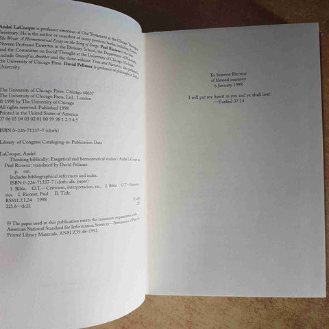 THINKING BIBLICALLY EXEGETICAL AND HERMENEUTICAL STUDIES 1998 LACOQUE RICOEUR