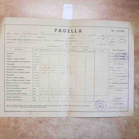 PAGELLA SCOLASTICA GIL GIOVENTU' ITALIANA DEL LITTORIO ANNO XVII E.F. 1938-39