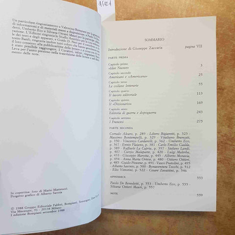 CARO BOMPIANI LETTERE CON L'EDITORE - D'INA ZACCARIA 1988 BOMPIANI 1° EDIZIONE