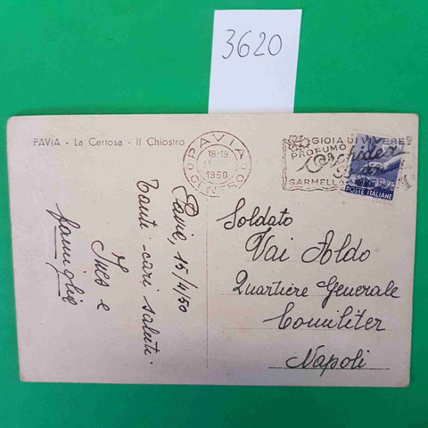 PAVIA CERTOSA IL CHIOSTRO CARTOLINA VIAGGIATA 1950 FRANCOBOLLO 6 LIRE